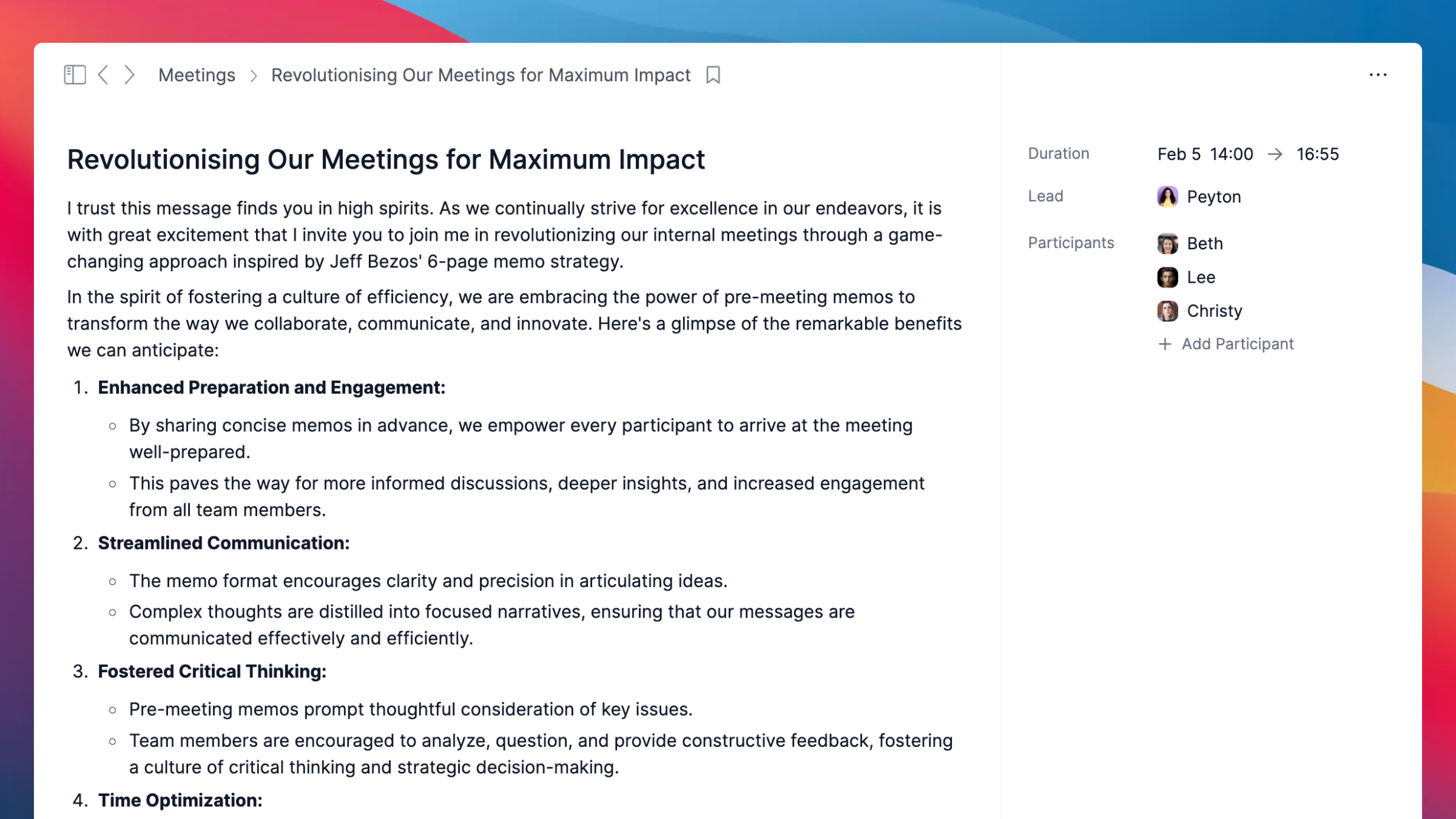 Detailed meeting intro in Workjoy