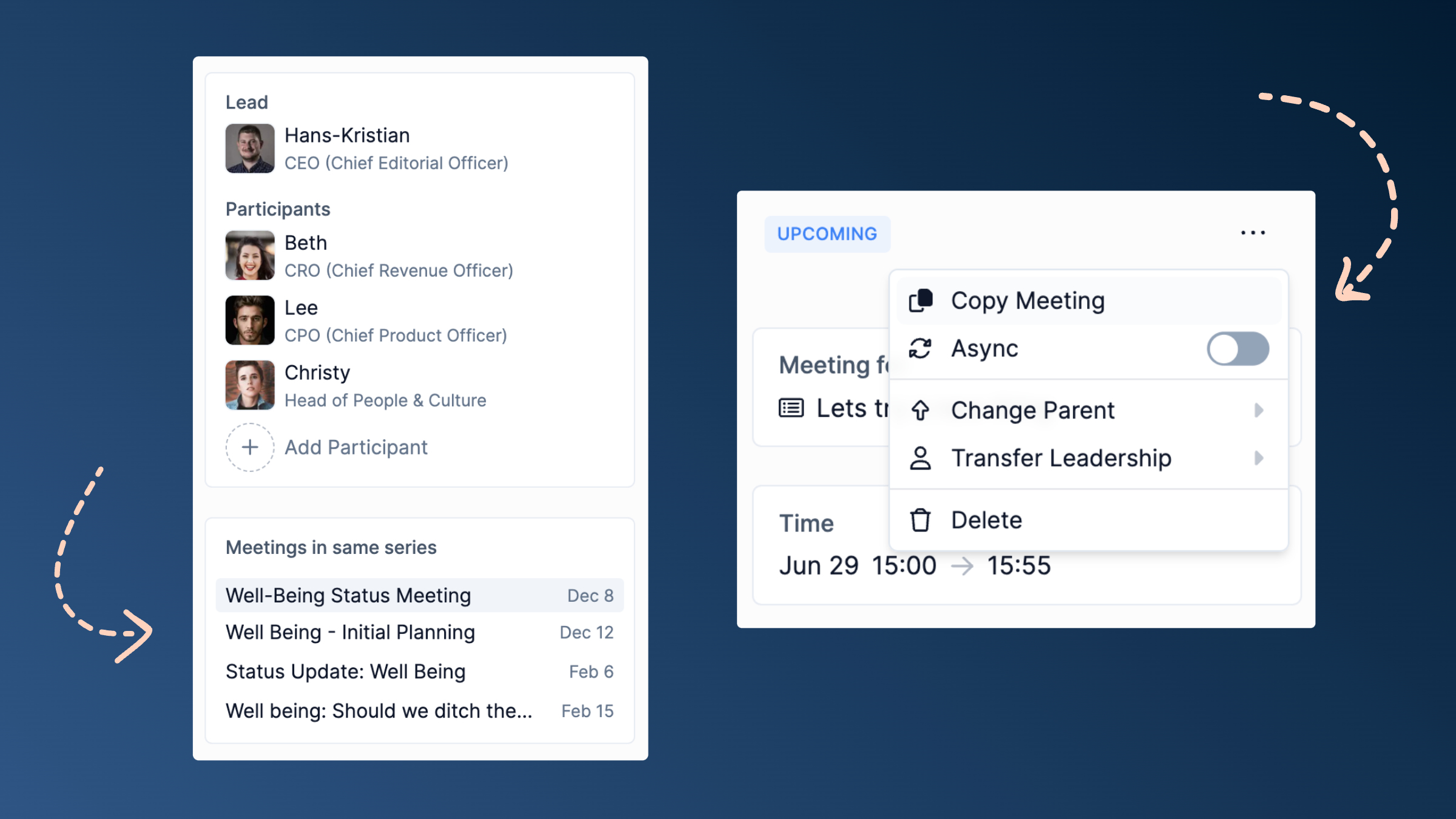 You can now easily navigate between other meetings in the same series and quickly make copies of a meeting.
