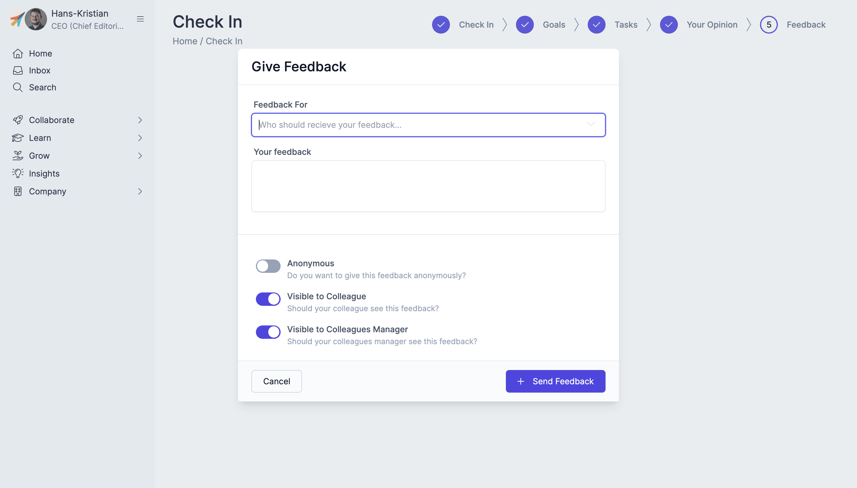 WorkJoy check-in with team feedback and praise