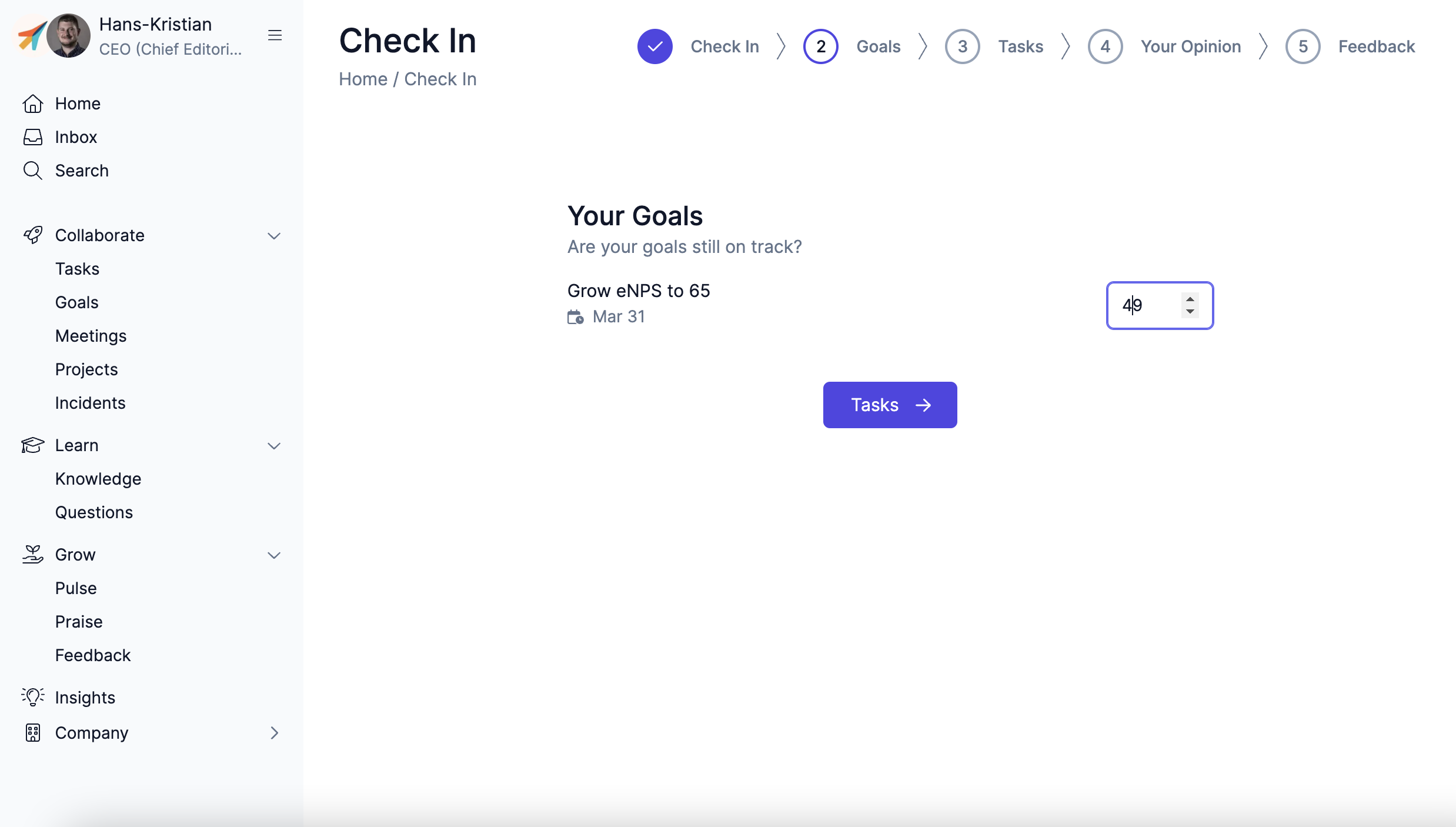 WorkJoy check-in with goal updates
