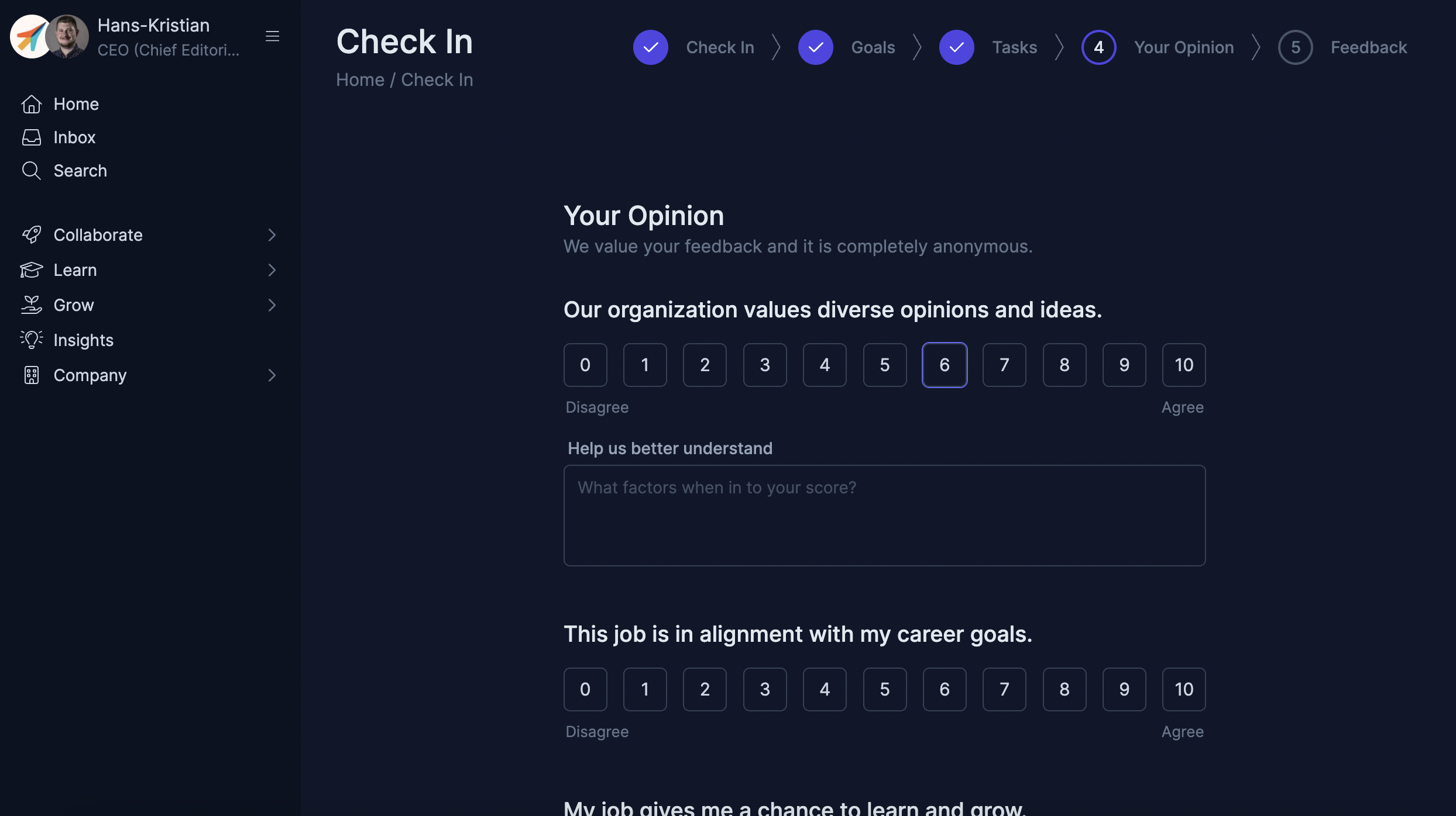 WorkJoy check-in with company and team pulse survey (in dark-mode)