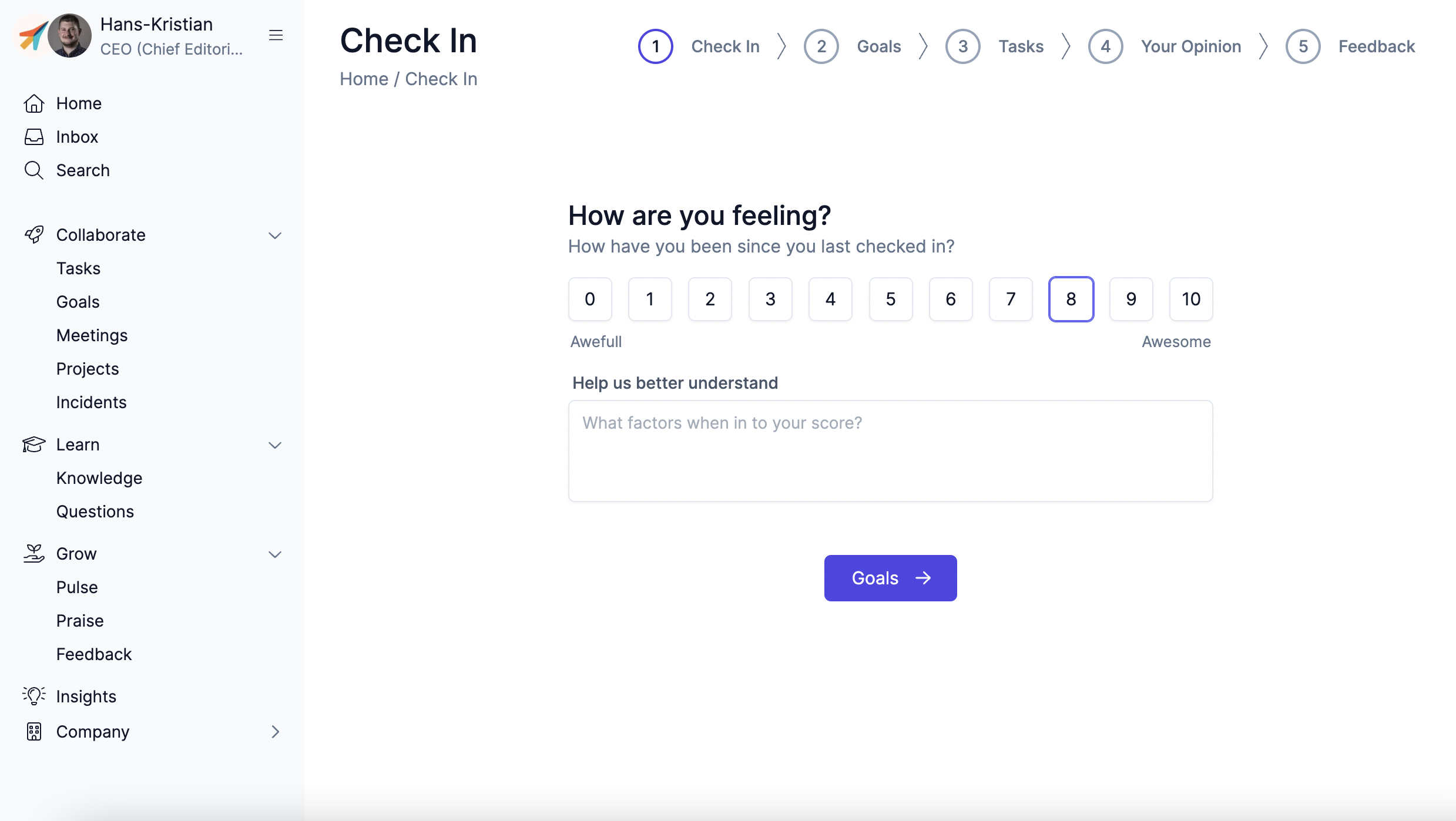 WorkJoy check-in with custom questions
