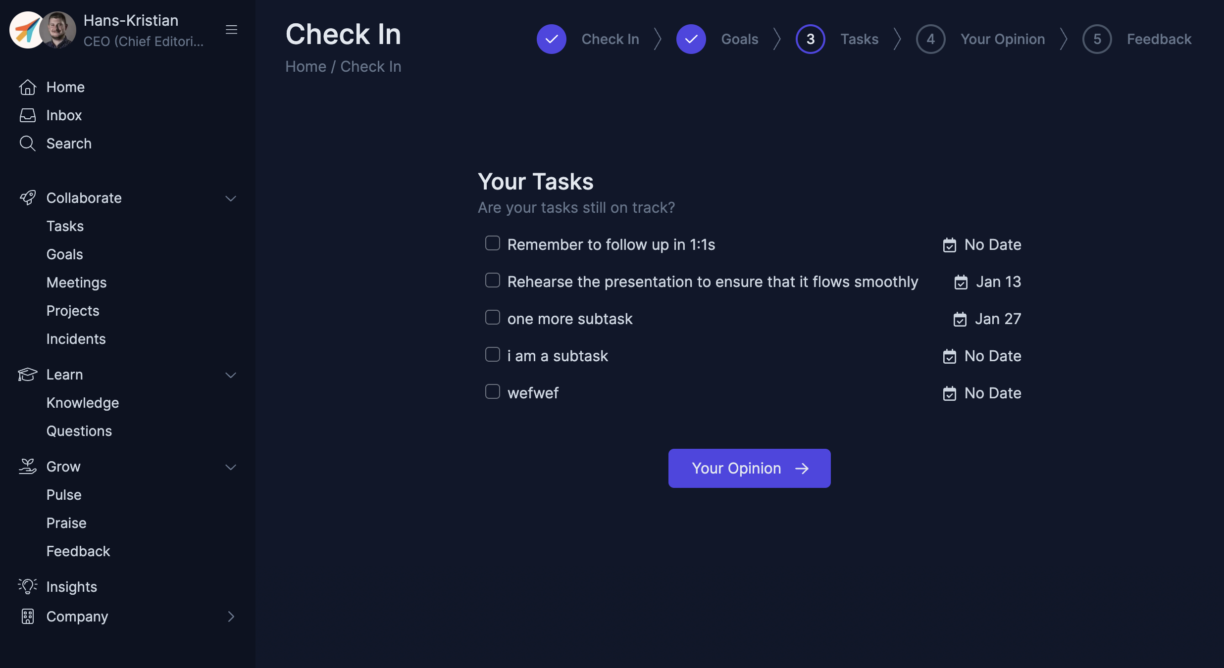 WorkJoy check-in with task updates (in dark-mode)