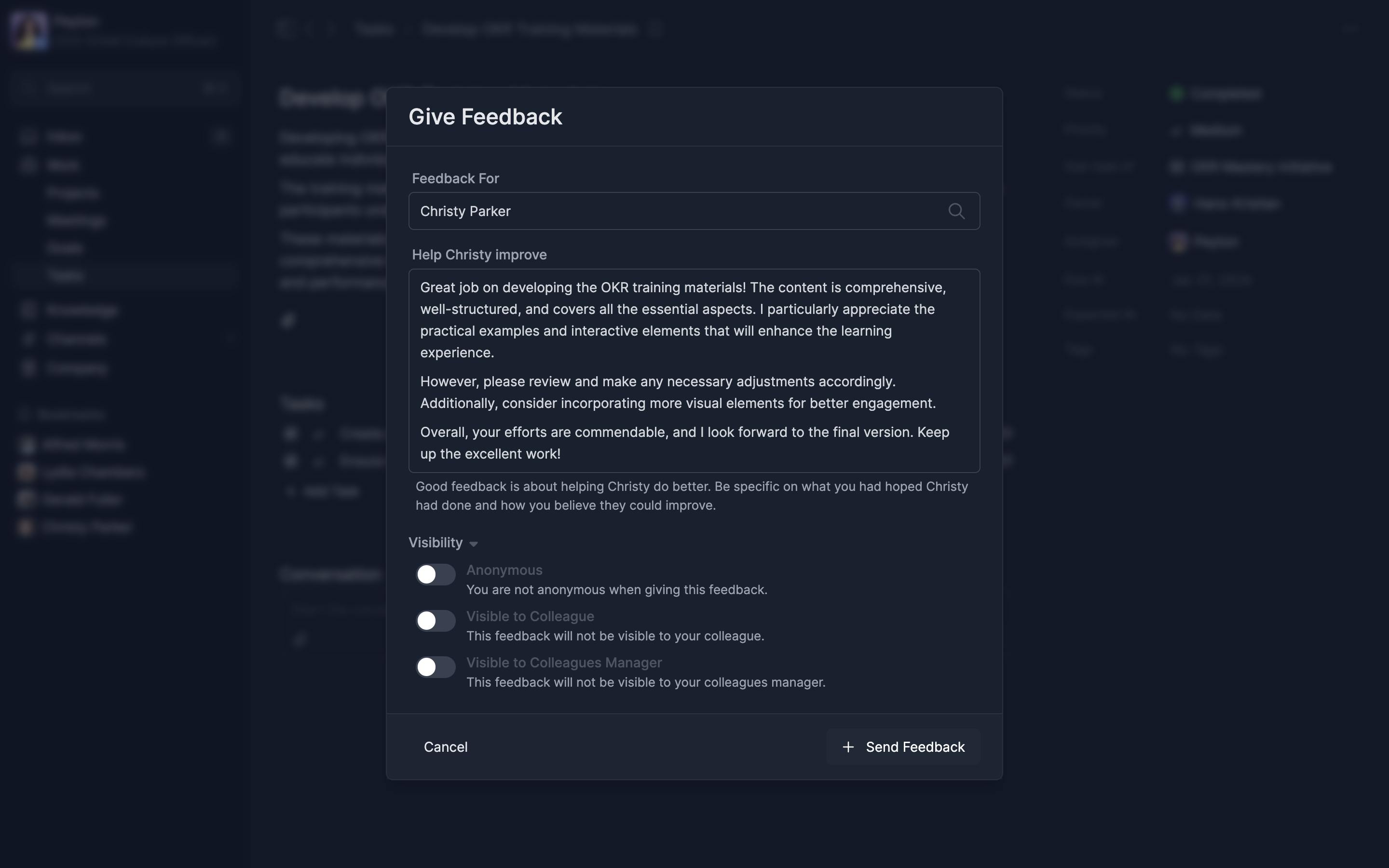 WorkJoy personal growth and eNPS (in dark-mode)