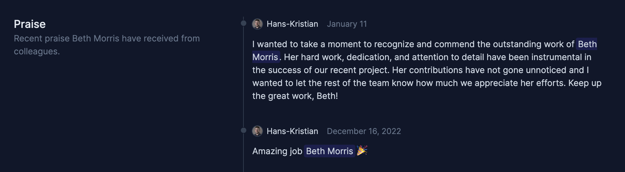 WorkJoy employee praise history (in dark-mode)