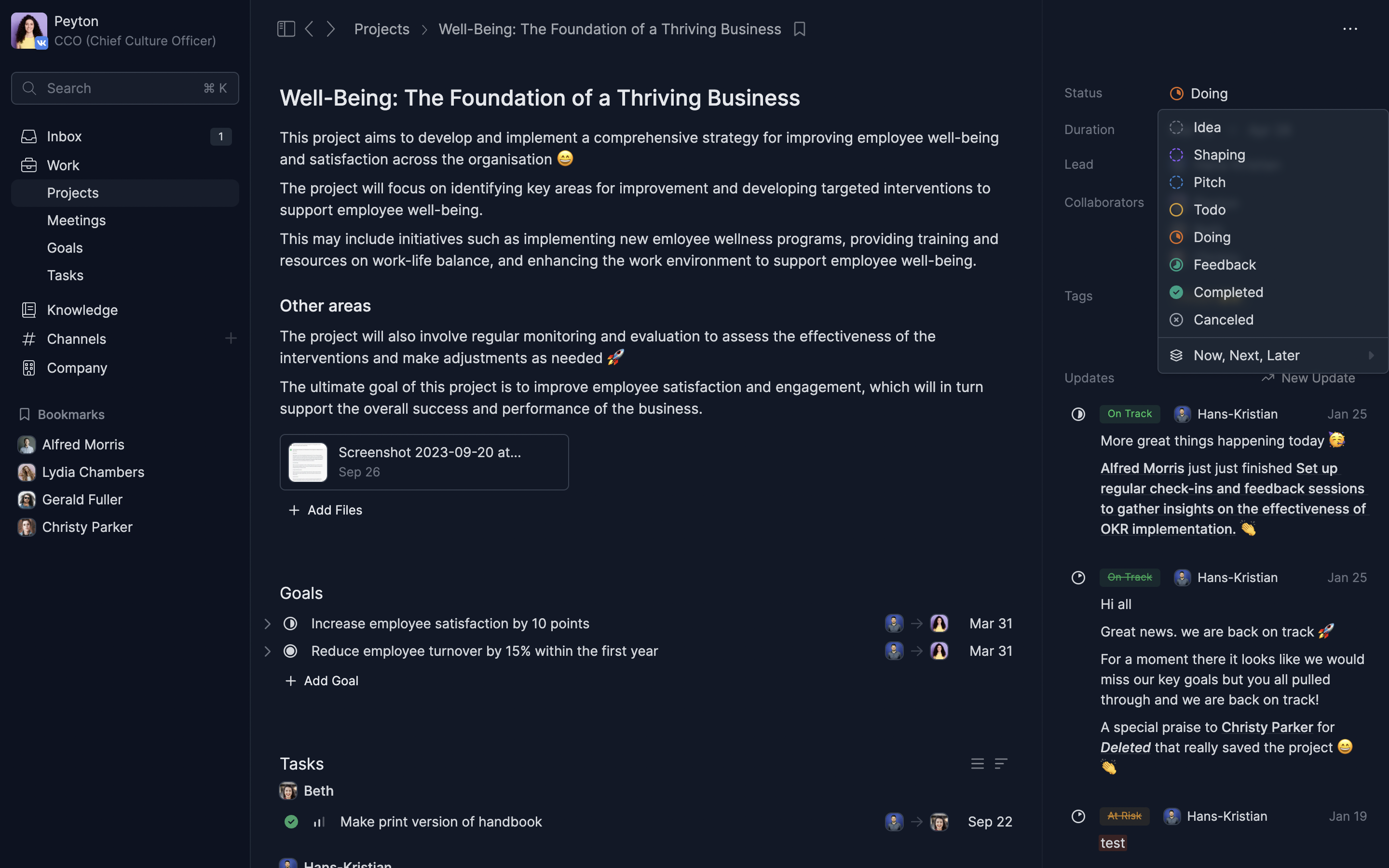 Project introduction in Workjoy (in dark-mode)
